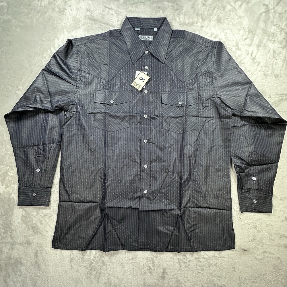 Desire Collection Dress Shirt Mens Large Black Striped Western Pearl Snap Top